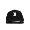 "V" LOGO EMBROIDERED TRUCKER HAT - BLACK